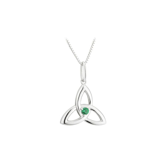 Irish Trinity Knot necklace is a delicate sterling silver design that features green stone.