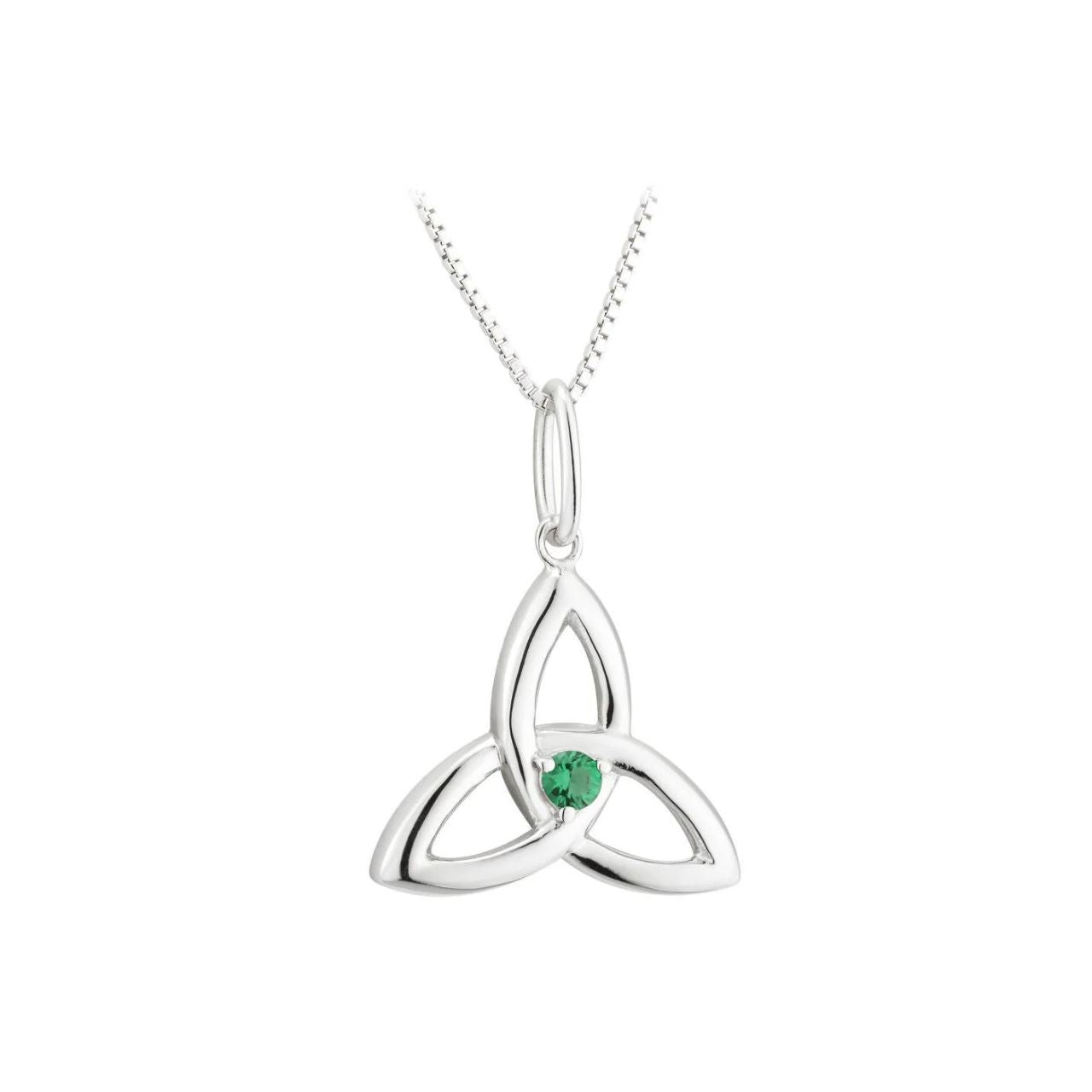 Irish Trinity Knot necklace is a delicate sterling silver design that features green stone.