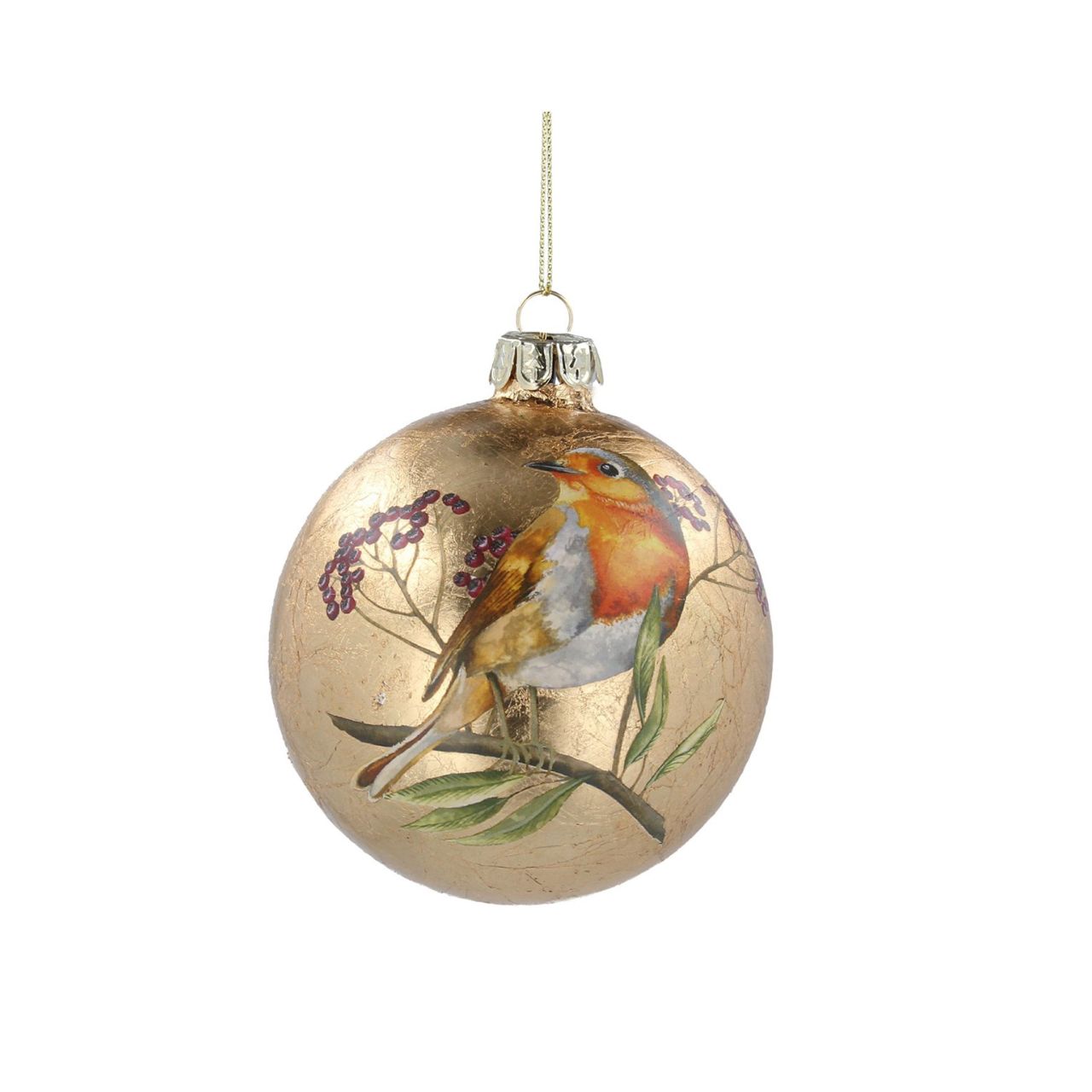 Gisela Graham Antique Gold Glass Christmas Bauble With Robin  This stunning antique gold glass Christmas bauble from Gisela Graham features a delightful robin perched on top, adding a touch of festive charm to your decorations. The intricate design provides an elegant and unique look to any holiday display.