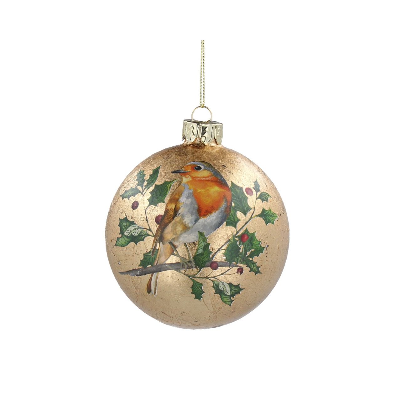 Gisela Graham Antique Gold Glass Christmas Bauble With Robin  This stunning antique gold glass Christmas bauble from Gisela Graham features a delightful robin perched on top, adding a touch of festive charm to your decorations. The intricate design provides an elegant and unique look to any holiday display.