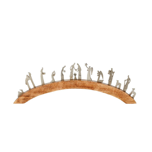 Artist, Wendy Wiinanen, crafts memorable moments of intrigue from mango wood and aluminium. This enchanting arch display showcases the characters of the traditional Nativity scene with simplistic elegance.