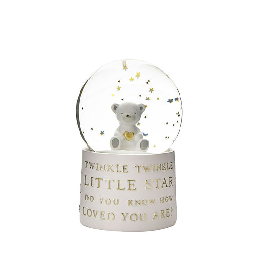 Celebrate a precious new arrival with this beautiful hand painted musical 'Twinkle Twinkle Little Star, Do You Know How Loved You Are?' snowglobe. From BAMBINO BY JULIANA Nursery Accessories - elegant and subtle nursery accessories for the modern home.