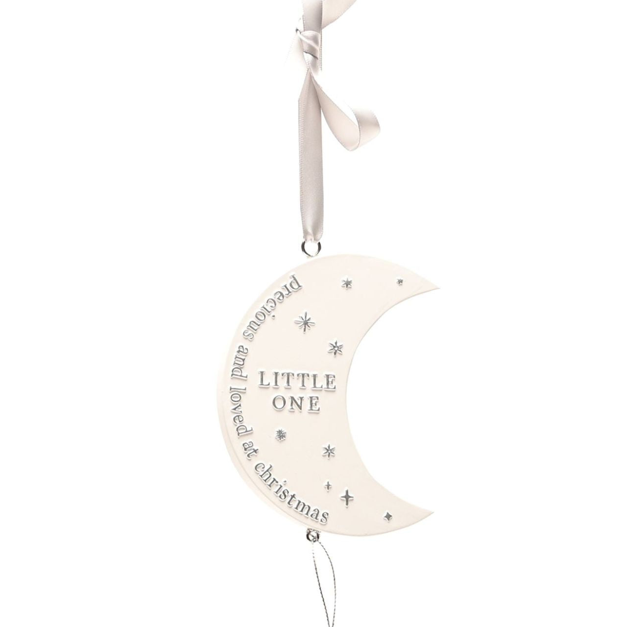 Christmas Hanging Moon Plaque - Little One  A moon plaque from BAMBINO BY JULIANA.  This treasurable keepsake provides sparkling decoration for the bedroom of new family arrivals at Christmas time.