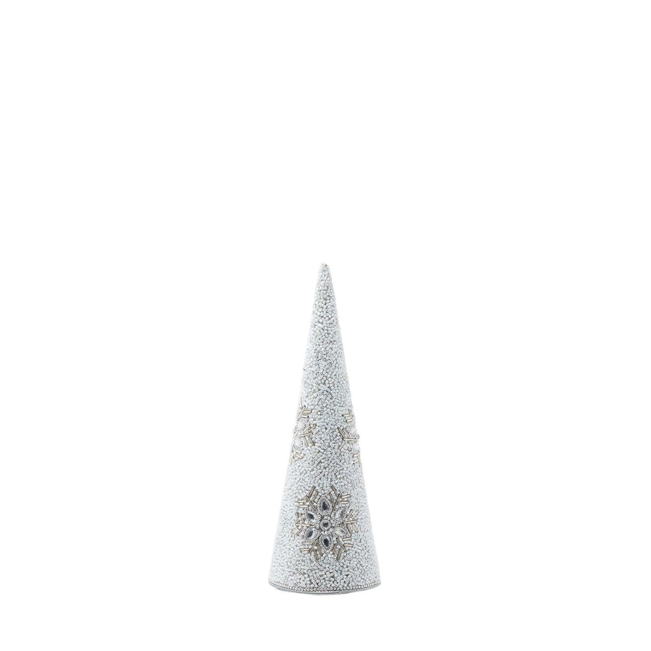 Crafted with intricate beadwork, its small size adds a delightful accent to mantels, shelves, or tabletops. Whether displayed alone or as part of a festive arrangement, this cone tree exudes holiday cheer.