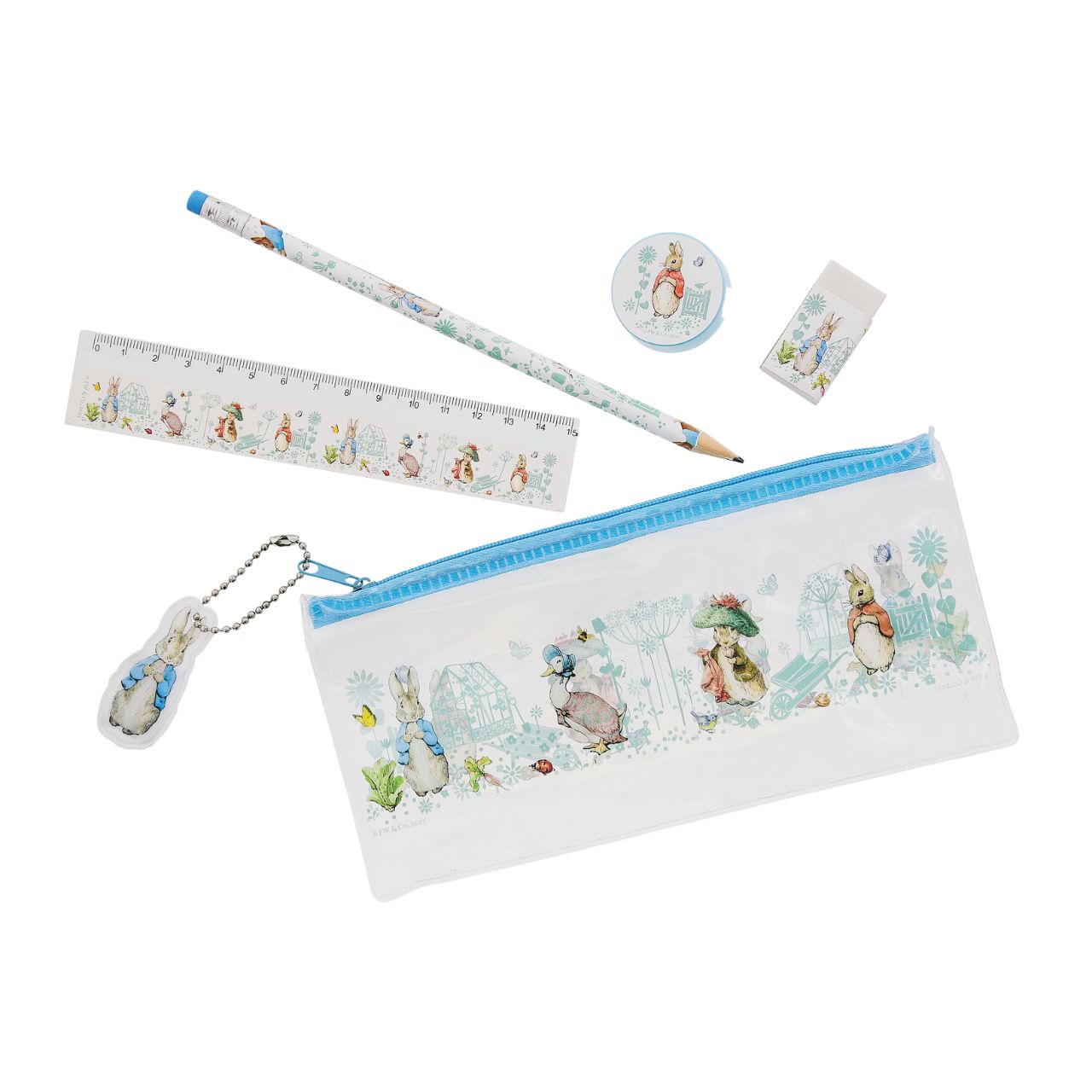 Beatrix Potter Stationery Set  Meet your new stationery essentials, everything one Peter Rabbit fan can ever need. This stationery set contains; 15cm ruler, 1 pencil, pen and eraser. All presented in an adorable clear pencil case, featuring your Beatrix Potter best loved characters. This stationery set would make a lovely gift, new edition to your stationery edit or souvenir for family and friends to enjoy.