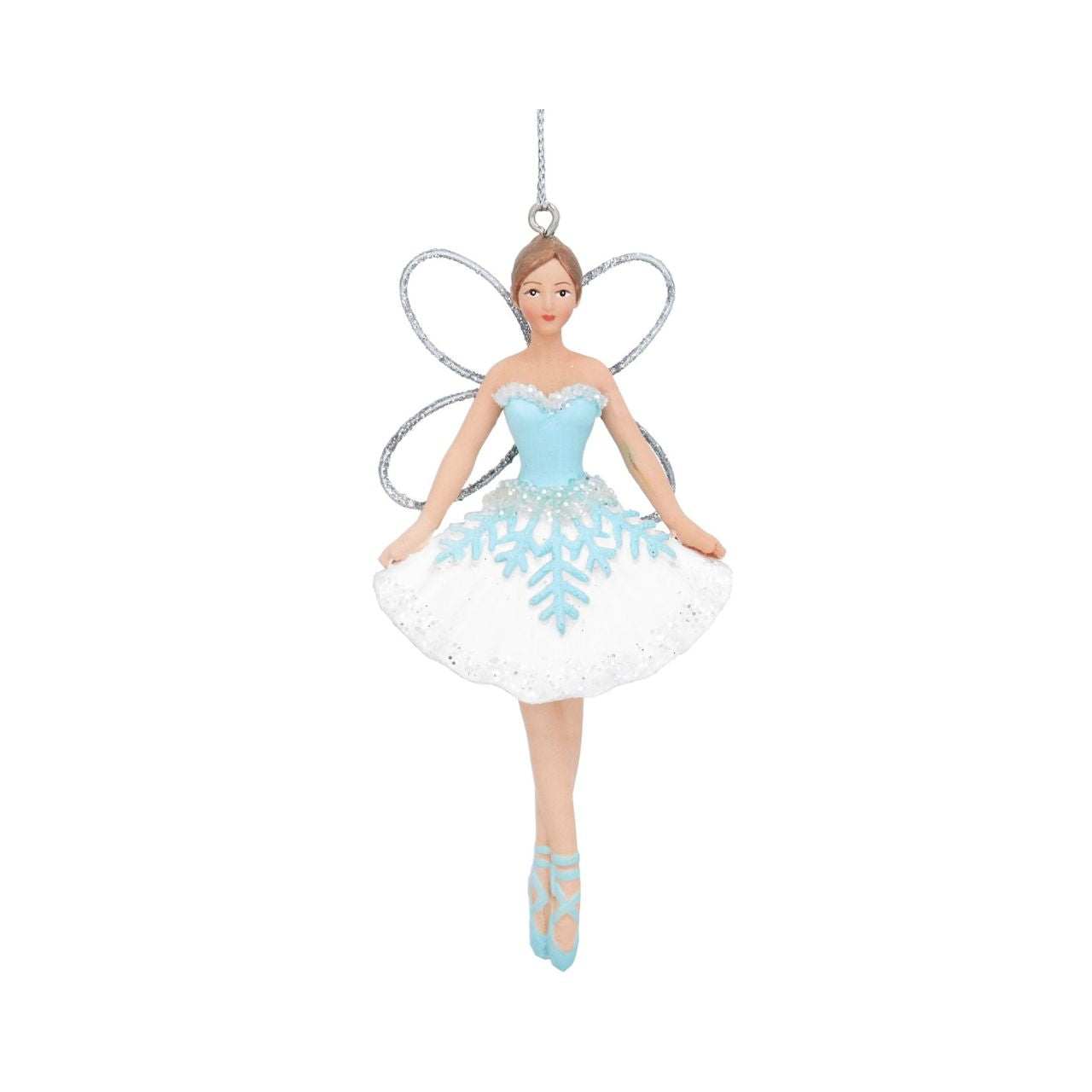 A beautiful pair of blue, green and white hanging fairies. These fairies will definitely add a special festive touch to your tree.