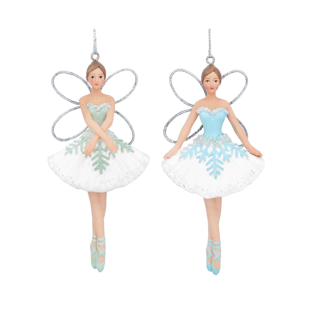 A beautiful pair of blue, green and white hanging fairies. These fairies will definitely add a special festive touch to your tree.