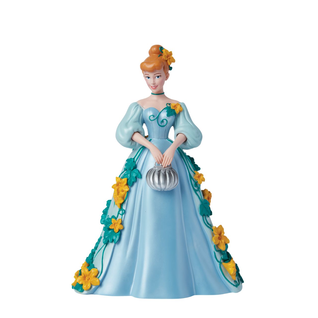 Part of the Disney Showcase Botanical collection, the Botanical Cinderella figurine sees Disney's iconic princess in her trademark blue ball gown adorned with bright yellow flowers and swirling green vines. Holding her silver pumpkin shaped handbag, she's ready to meet her Prince Charming.