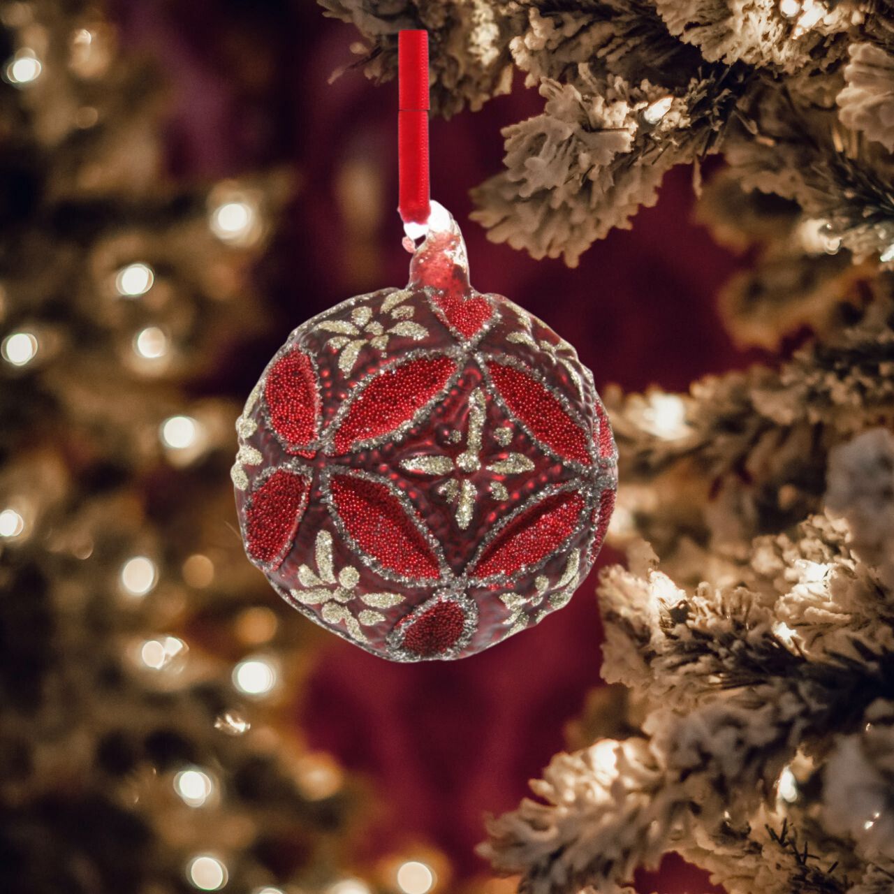 Add style to your Christmas tree with this beautiful Shishi burgundy glass floral jewel ball with silver glitter Christmas Hanging Ornament