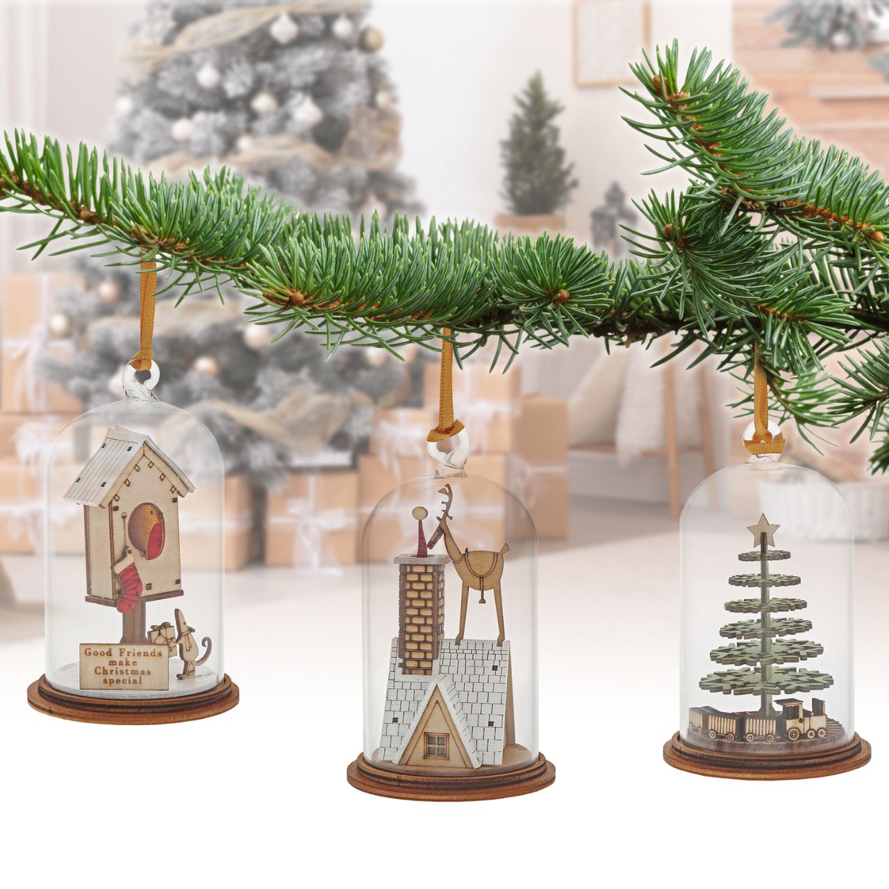 Christmas Childhood Memories Hanging Ornament Kloche  The Spirit of Christmas. A collection of delightful wooden decorations that capture the essence of that special time of year. This glass dome, Christmas decoration encases a Christmas tree, adorned with a nostalgic train set and ribbon to help hang off your Christmas tree.