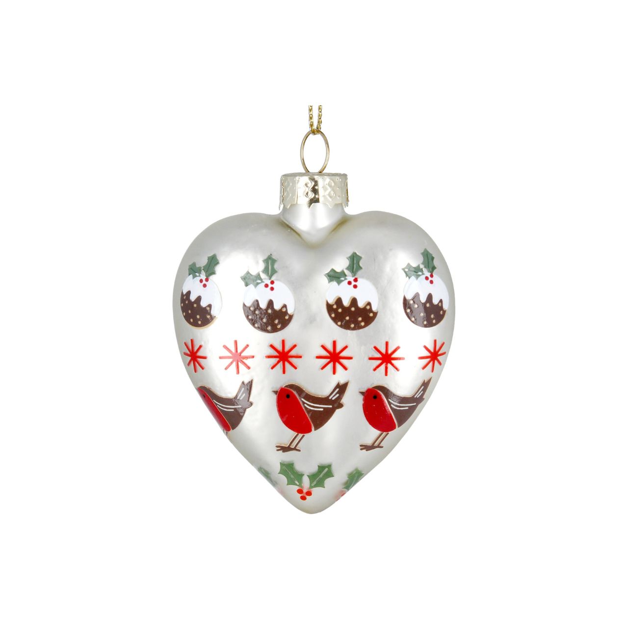 Experience the joy of Christmas with these stunning Gisela Graham Christmas Baubles. The elegant matte white heart design features a charming pudding robin and stars, adding a festive touch to any tree. Spread holiday cheer and make memories with these beautiful ornaments.