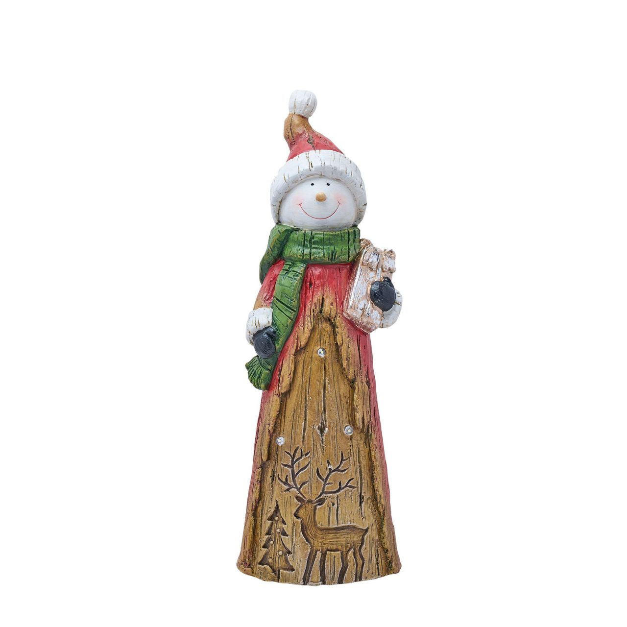 LED Snowman with lights and a wooden finish. This festive ornament captures the joy of the season with a smiling snowman holding a present. Crafted from durable wood, this ornament features intricate detailing of a green scarf, top hat, and carrot nose. The snowman stands above a sculpted deer to complete the winter woodland scene.