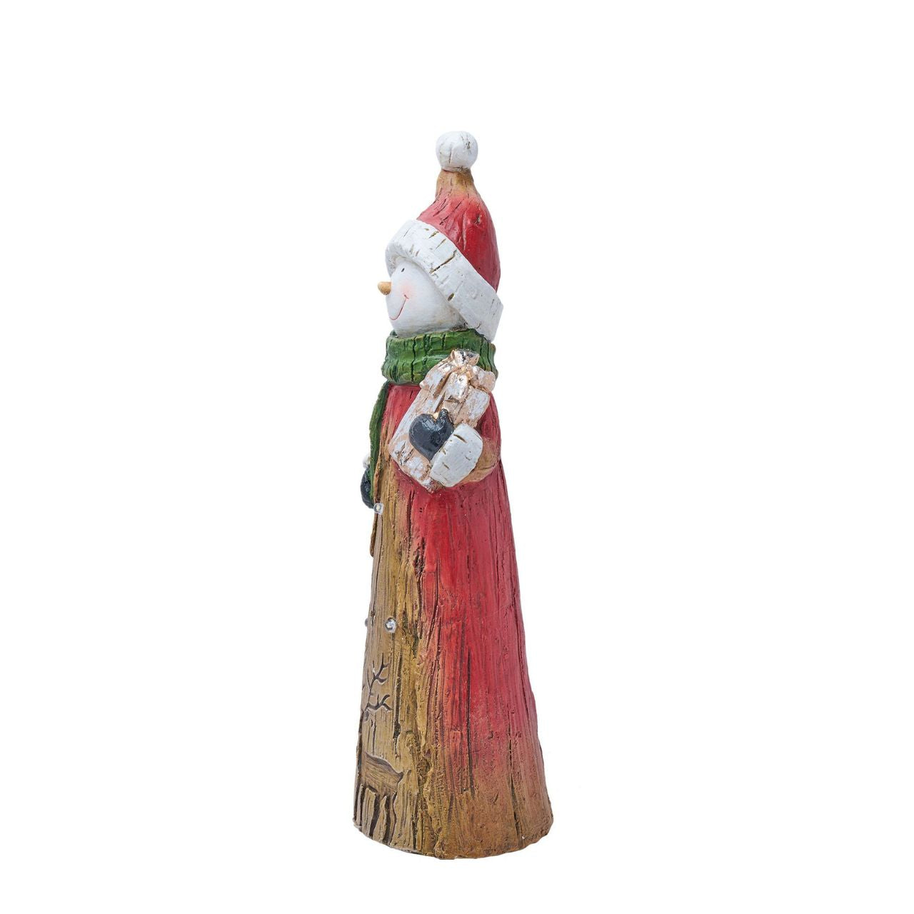 LED Snowman with lights and a wooden finish. This festive ornament captures the joy of the season with a smiling snowman holding a present. Crafted from durable wood, this ornament features intricate detailing of a green scarf, top hat, and carrot nose. The snowman stands above a sculpted deer to complete the winter woodland scene.