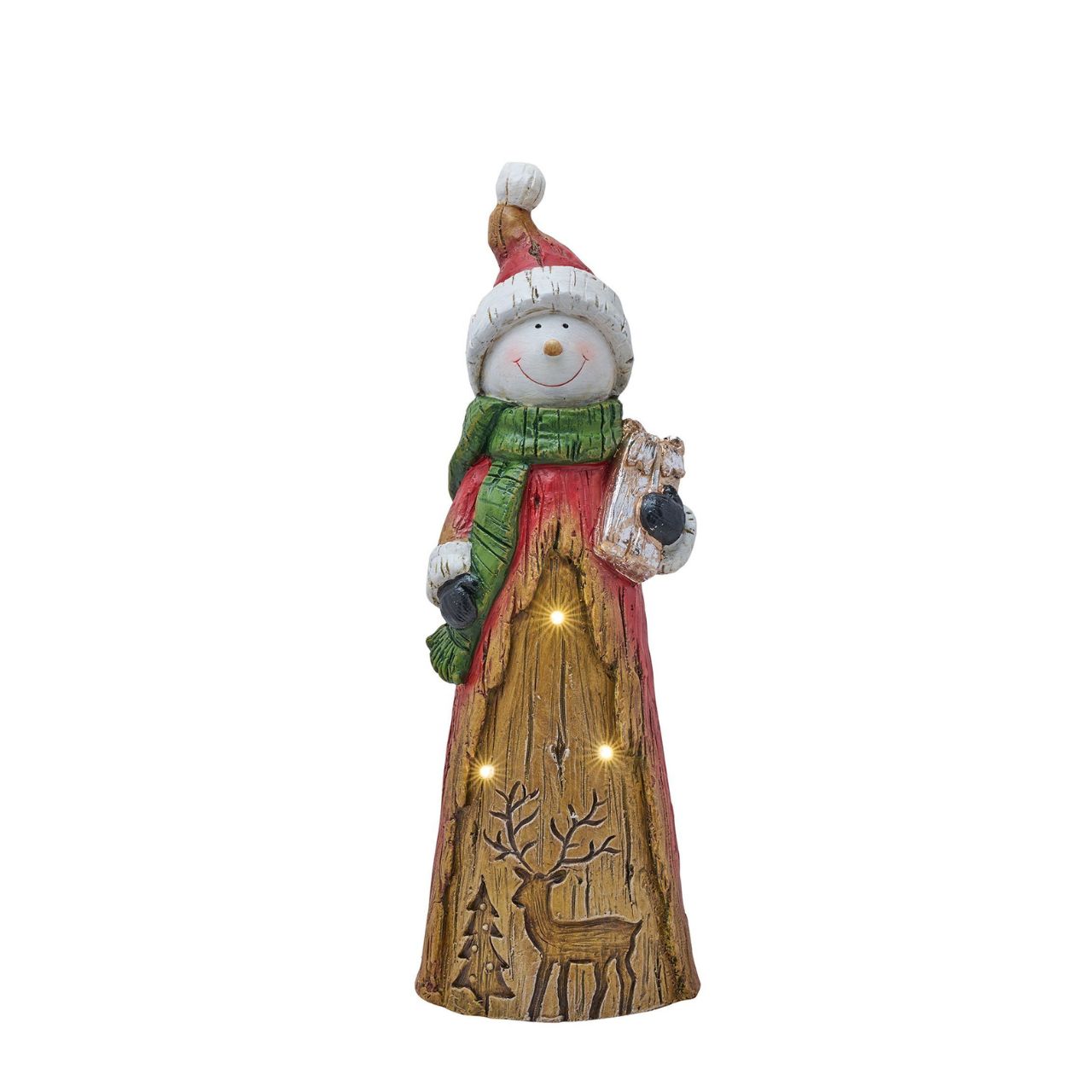 LED Snowman with lights and a wooden finish. This festive ornament captures the joy of the season with a smiling snowman holding a present. Crafted from durable wood, this ornament features intricate detailing of a green scarf, top hat, and carrot nose. The snowman stands above a sculpted deer to complete the winter woodland scene.