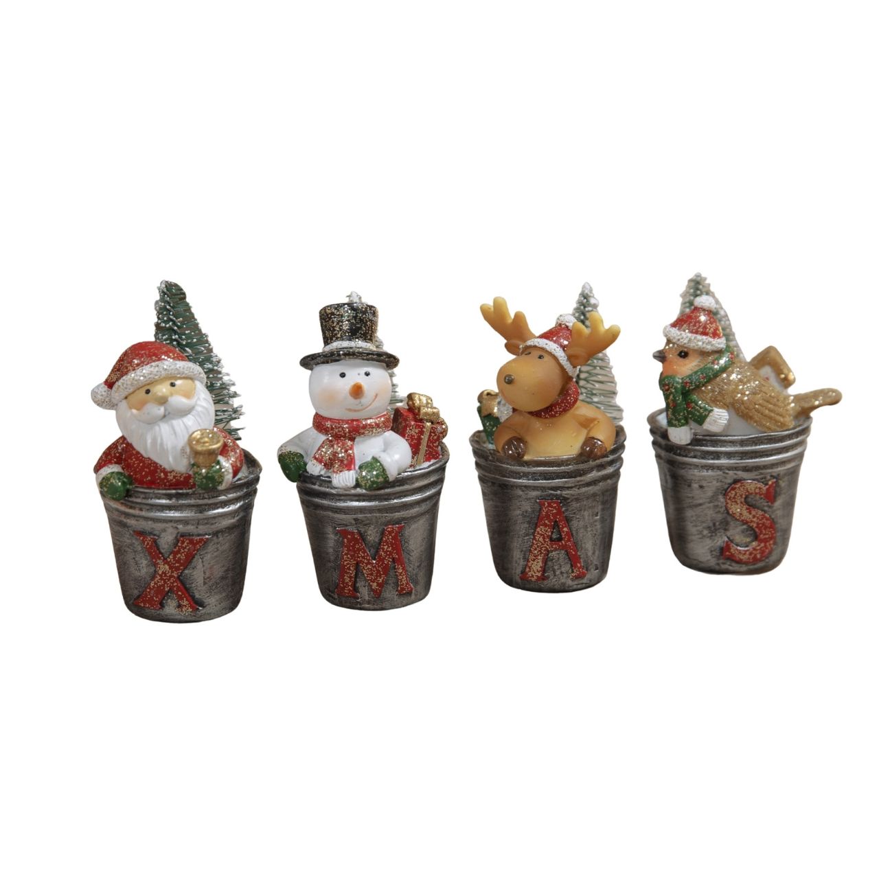 Christmas Ornaments Set - Santa, Snowman, Reindeer and Robin  Bring some festive cheer to a shelf or mantelpiece with this cute XMAS characters ornament. From the North Pole Novelties Co. by Santa's Workshop - the one stop shop for Christmas cheer!