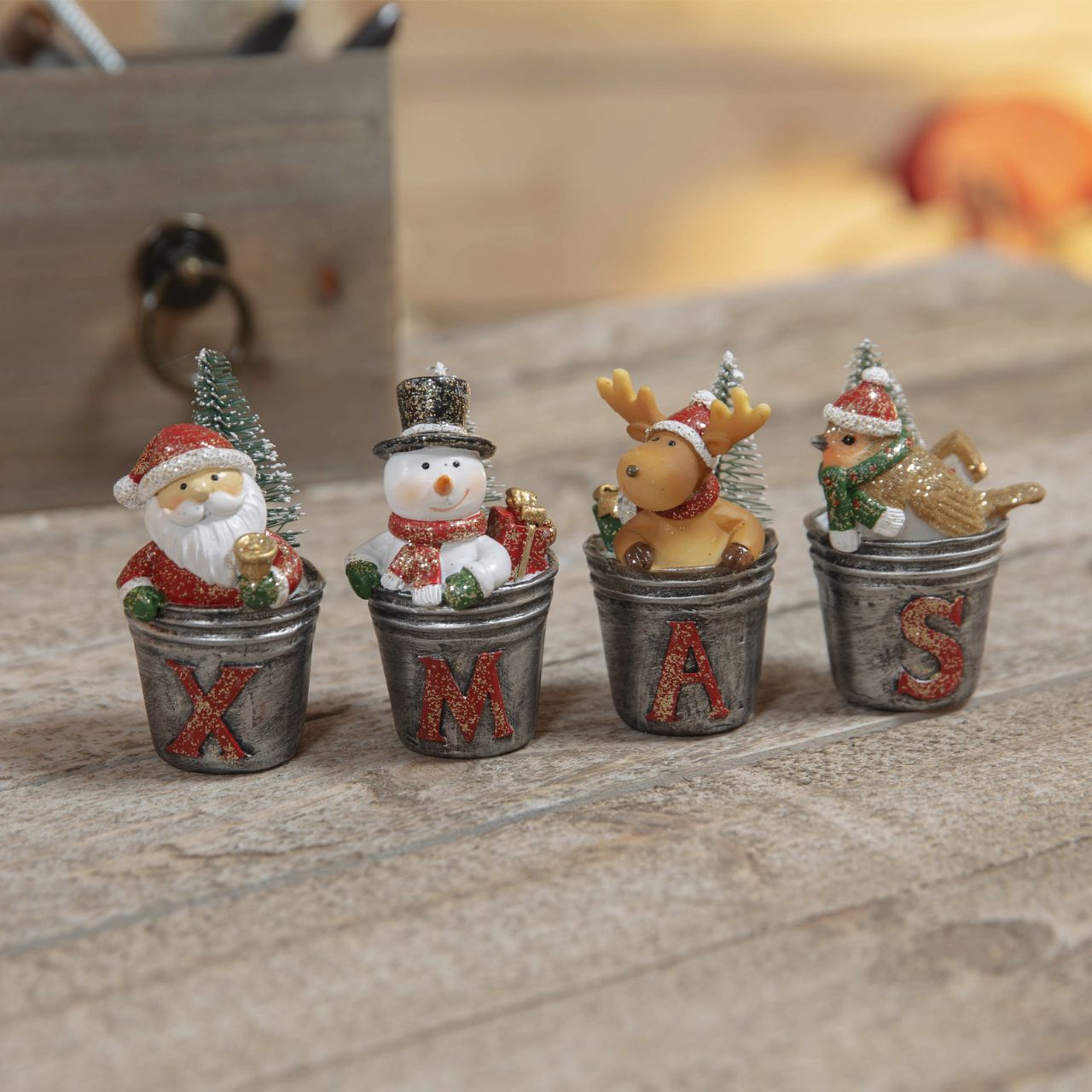 Christmas Ornaments Set - Santa, Snowman, Reindeer and Robin  Bring some festive cheer to a shelf or mantelpiece with this cute XMAS characters ornament. From the North Pole Novelties Co. by Santa's Workshop - the one stop shop for Christmas cheer!