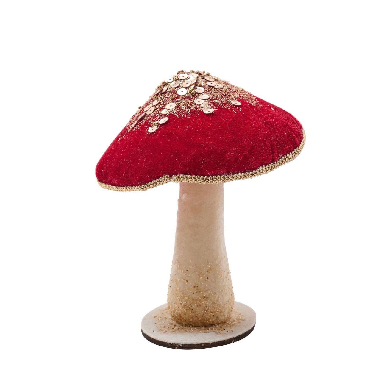 Transcend the ordinary with this Red Velvet mushroom ornament at Christmas. This eye-catching decoration features a vibrant red cap accented by dazzling gold sequins that sparkle in the light. The smooth white stem provides a crisp contrast to the shiny topper.