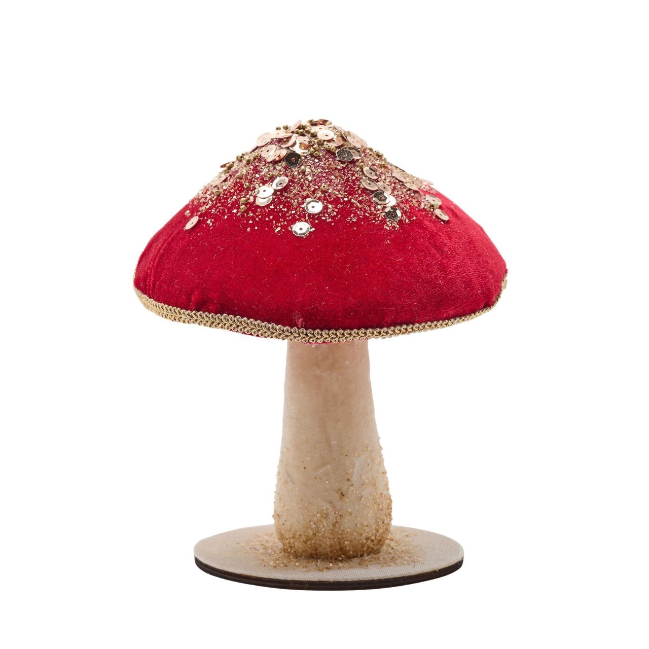 Transcend the ordinary with this Red Velvet mushroom ornament at Christmas. This eye-catching decoration features a vibrant red cap accented by dazzling gold sequins that sparkle in the light. The smooth white stem provides a crisp contrast to the shiny topper.