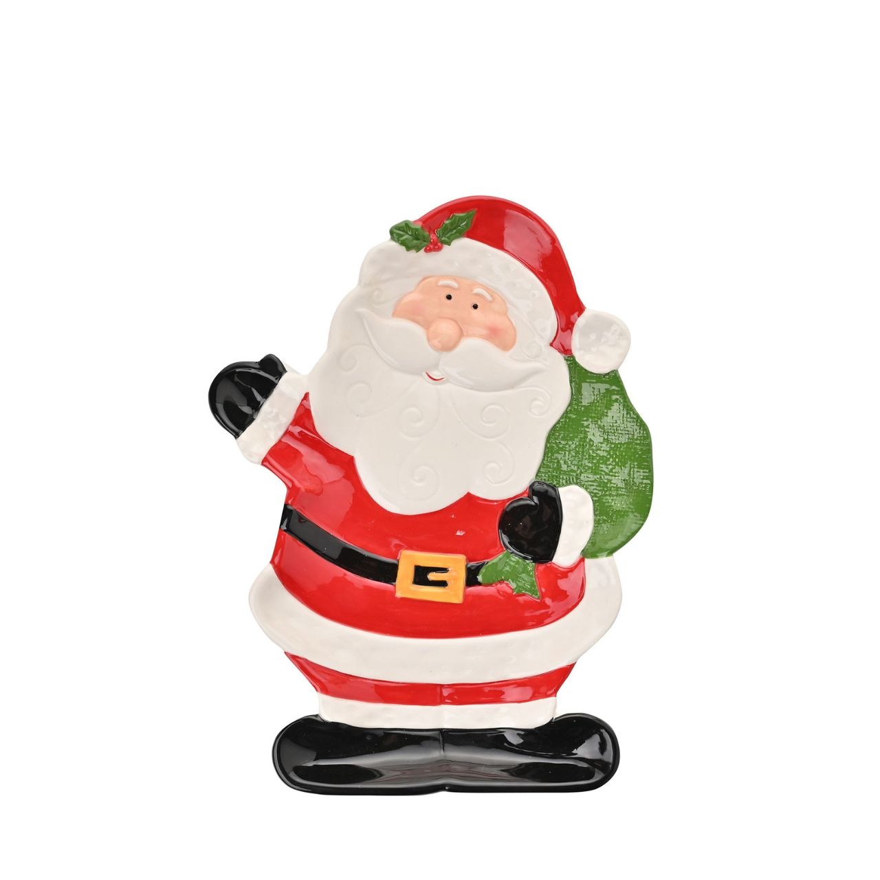 Santa, in his iconic red, white, and black ensemble, graces the entire plate, adorned with a gold belt buckle that adds a touch of elegance. Carrying a vibrant green sack of presents over his shoulder, Santa's cheerful demeanour radiates Christmas spirit.