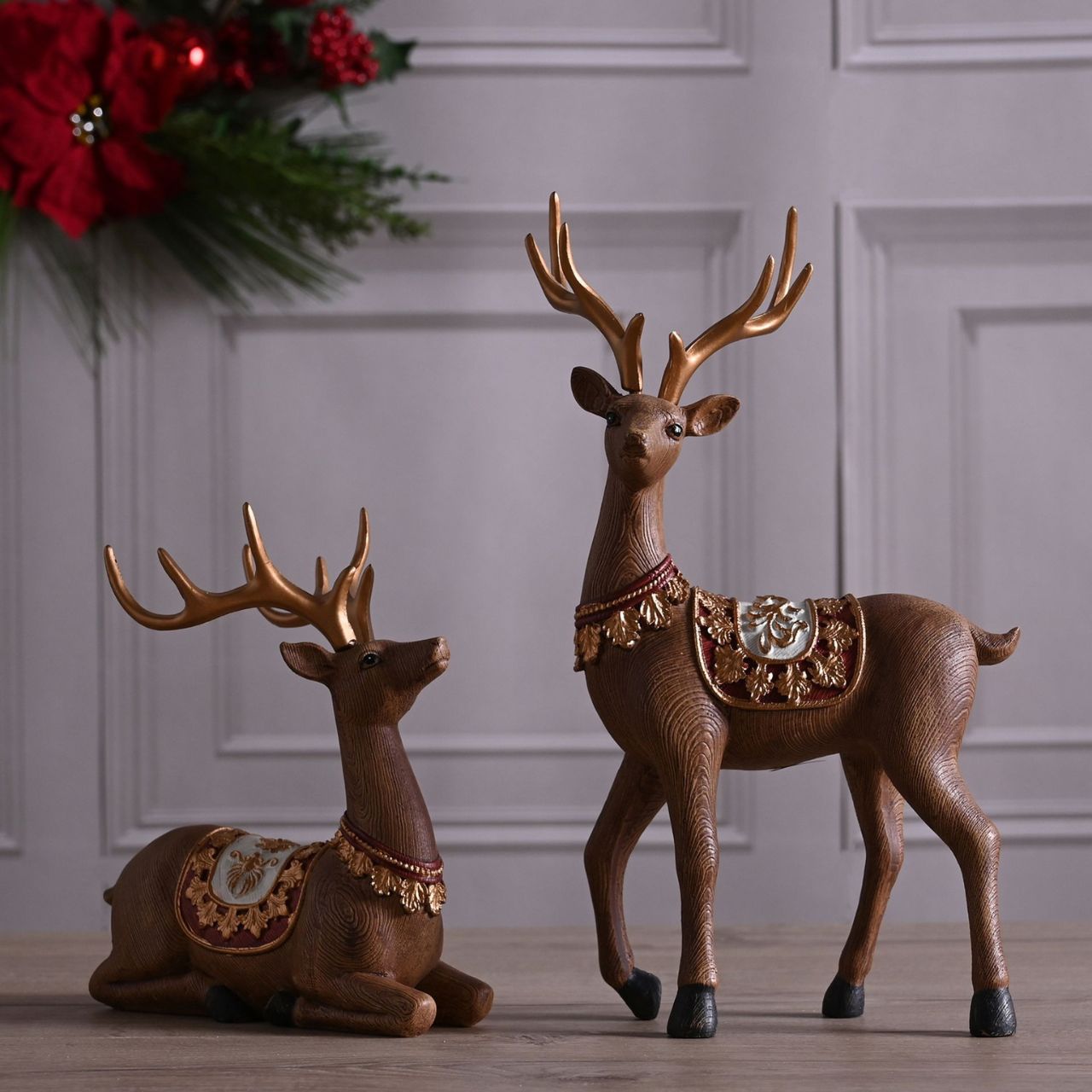 Christmas Standing Reindeer Decoration  A standing Christmas reindeer.  This charming Christmas decoration perfectly blends traditional and modern touches this festive season.