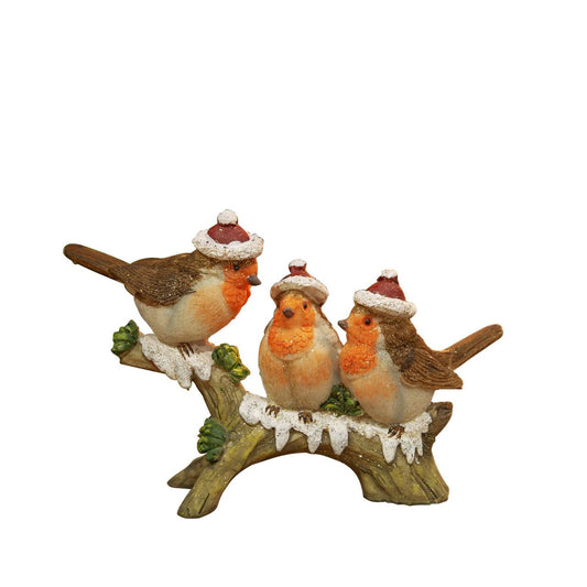 A hand painted three robins on a branch figurine. From the Enchanted Forest collection by Santa's Workshop - create your own winter wonderland.