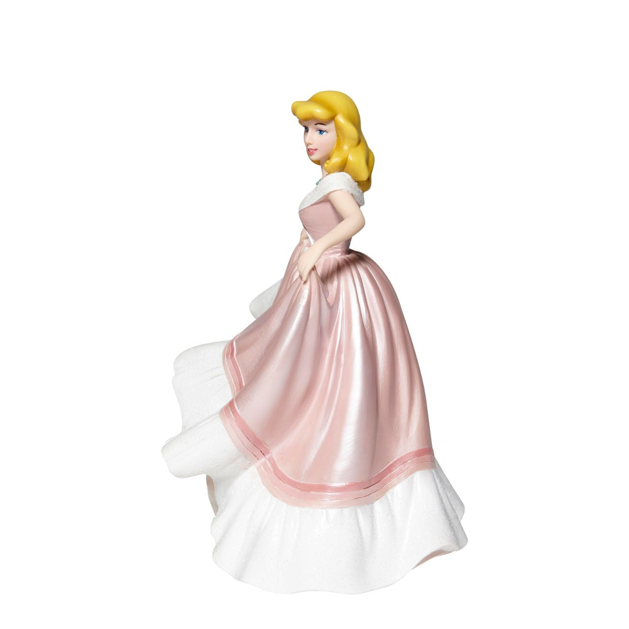 Cinderella in Pink Dress Couture de Force Figurine  Disney Couture de Force celebrates the 70th Anniversary of Cinderella. She is captured here in her classic pink gown of "what might have been." With the help of her mice tailors, the dress shimmers with satin finishes, iridescent glitter and jewels. Supplied in branded gift box.