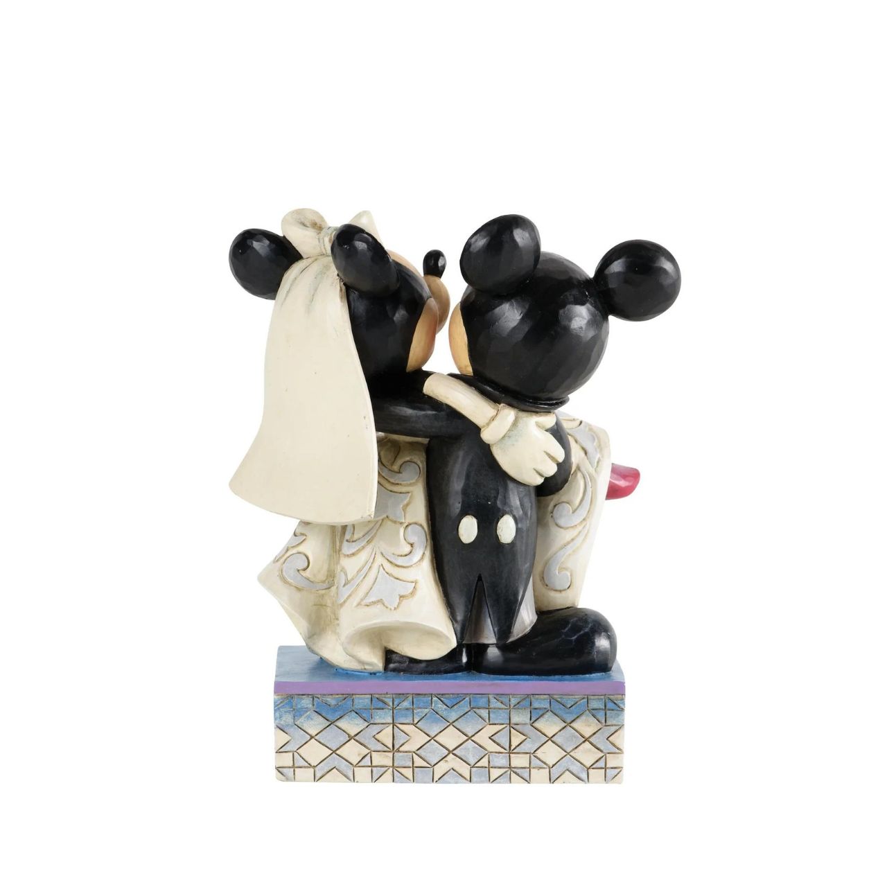 Congratulations - Disney Mickey & Minnie Mouse Figurine  This Mickey and Minnie Wedding figurine is designed by award winning artist and sculptor, Jim Shore for the Disney Traditions brand. The figurine is made from cast stone. To use as a cake topped, place food safe disc underneath.