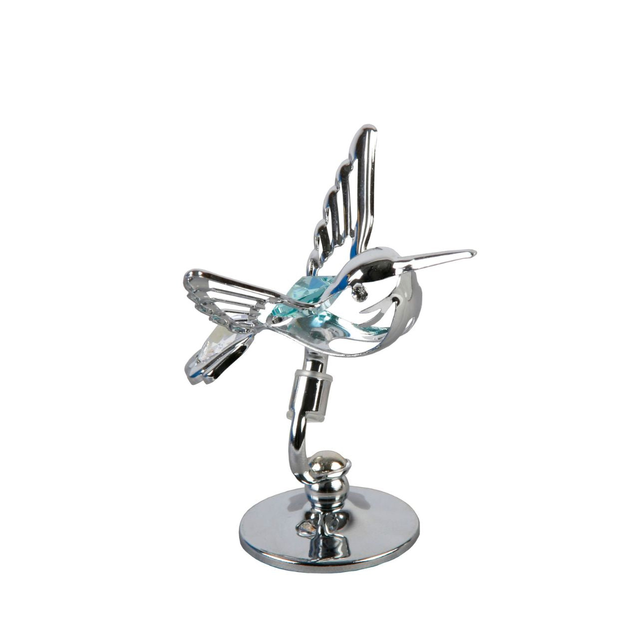 A beautiful chrome plated Crystocraft hummingbird ornament, embellished with an aqua marine Austrian Crystals to make a stunning and eye catching gift to a collector or wildlife lover.