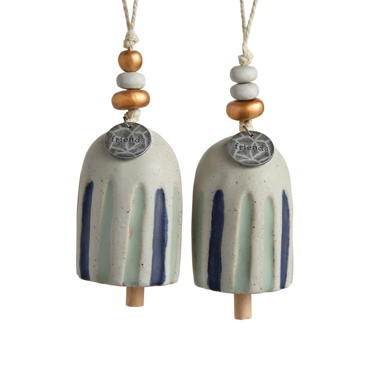 Give beauty and relaxation with our Inspired Bells collection, a selection of artisan bells in soft, serene colours with soothing, gentle rings bearing sentiments of faith and love. Our Inspired Bell - Friends is a ceramic indoor/outdoor bell in white with blue and green stripes. The sentiment on the bell reads, "Friends." You can give this calming memory bell as a birthday, Christmas anytime, rough times, self-care, or hospital gift.