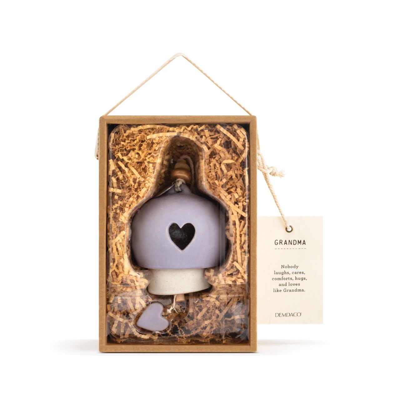 Give beauty and relaxation with our Inspired Bells collection, a selection of artisan bells in soft, serene colours with soothing, gentle rings bearing sentiments of faith and love. Our Inspired Bell - Grandma is a ceramic indoor/outdoor bell in lavender and white with a heart pull and a heart cut out.