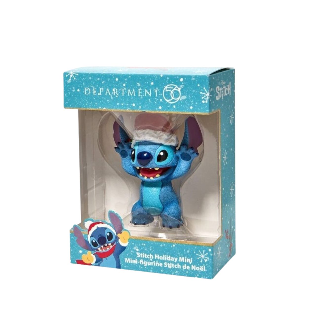 Department 56 Christmas Stitch Figurine  Everyone's favourite alien, Stitch, smiles jollily in his Santa hat this Christmas. With a bushel of holly tucked in his cap, he's ready for merry mischief. Hula through the holiday with Lilo's most festive friend and spread love to your Ohana.