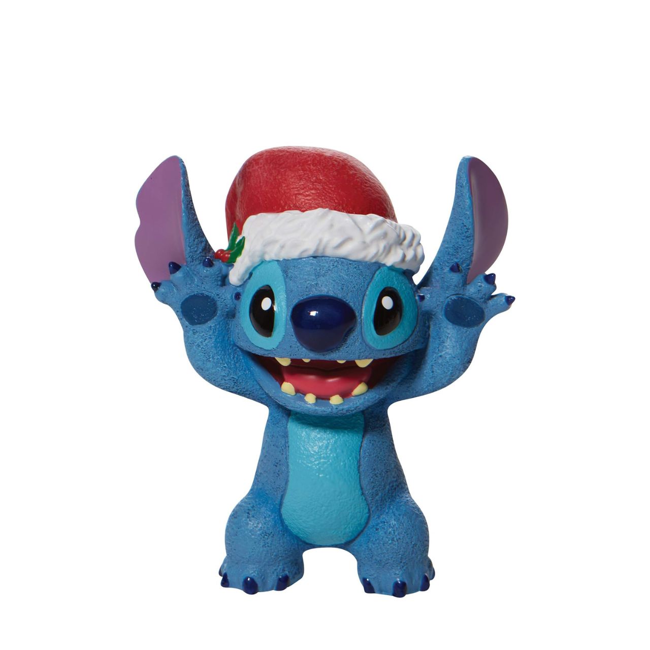 Department 56 Christmas Stitch Figurine  Everyone's favourite alien, Stitch, smiles jollily in his Santa hat this Christmas. With a bushel of holly tucked in his cap, he's ready for merry mischief. Hula through the holiday with Lilo's most festive friend and spread love to your Ohana.