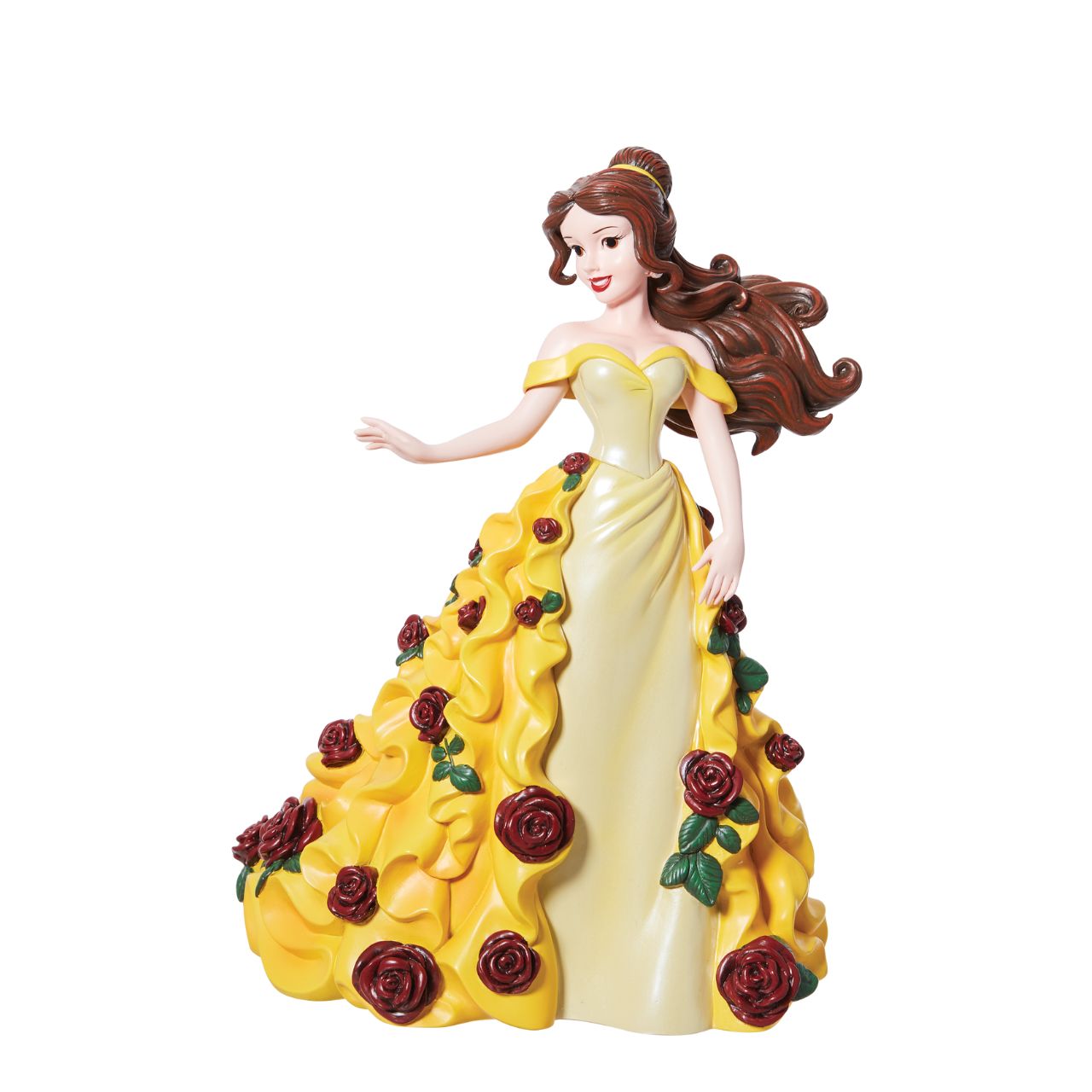 The beautiful princess Belle like you have never seen her before. In her iconic yellow ball gown with sculpted 3D roses that float down her dress magically. Her dress is finished in an iridescent finish to create a realistic version of her dress.