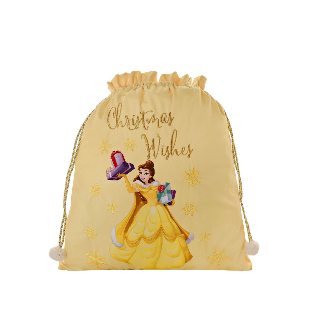 A magical place to store your little prince or princesses Christmas presents this year, this Belle gift sack features a delightful gold 'Christmas Wishes' embroidery and fun pompom detailing.