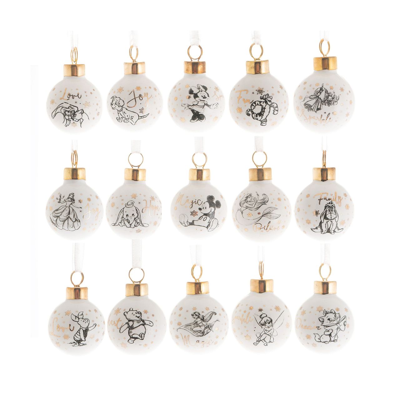 Bring some timeless Disney sparkle to the tree with this set of 15 Disney ceramic baubles. From Disney Classic Collectables - luxurious collectable gifts for the enduring Disney fan.