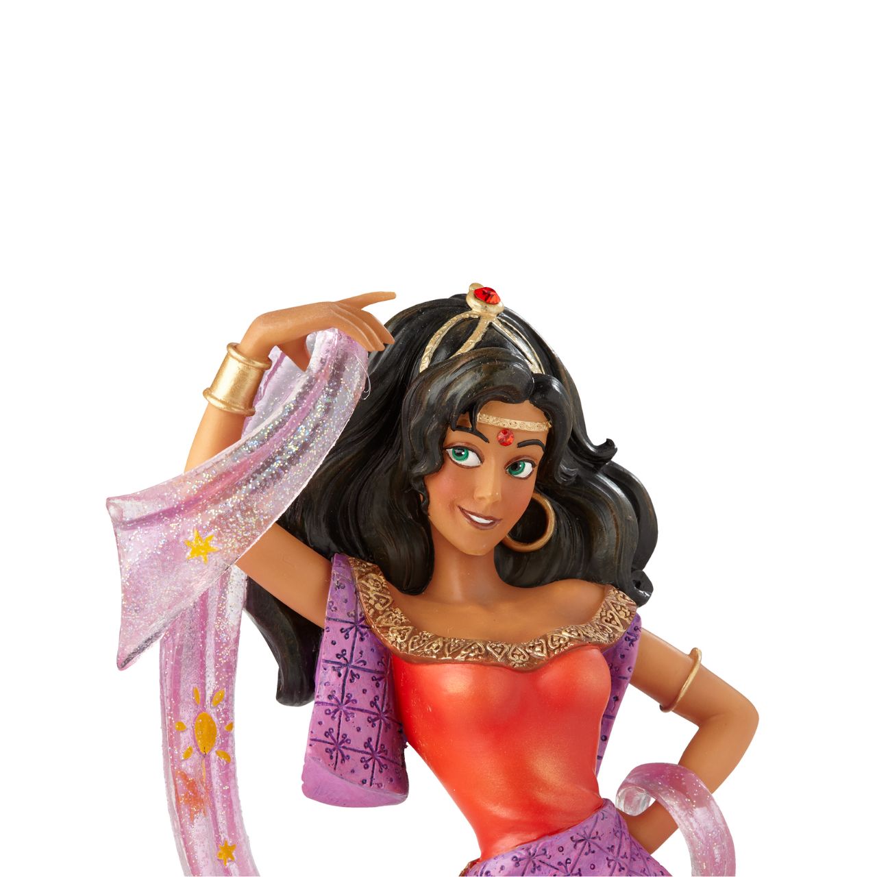 Making her debut into Disney Showcase is the finest girl in France, Esmeralda from the classic film Hunchback of Notre Dame. This stunning twentieth anniversary cast stone figurine depicts Esmeralda in her red dress and shimmering star scarf; the fluidity and movement of the fabrics have been perfectly captured.