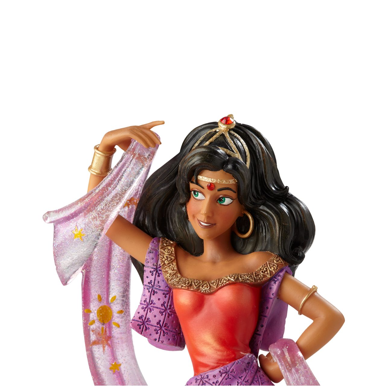 Making her debut into Disney Showcase is the finest girl in France, Esmeralda from the classic film Hunchback of Notre Dame. This stunning twentieth anniversary cast stone figurine depicts Esmeralda in her red dress and shimmering star scarf; the fluidity and movement of the fabrics have been perfectly captured.