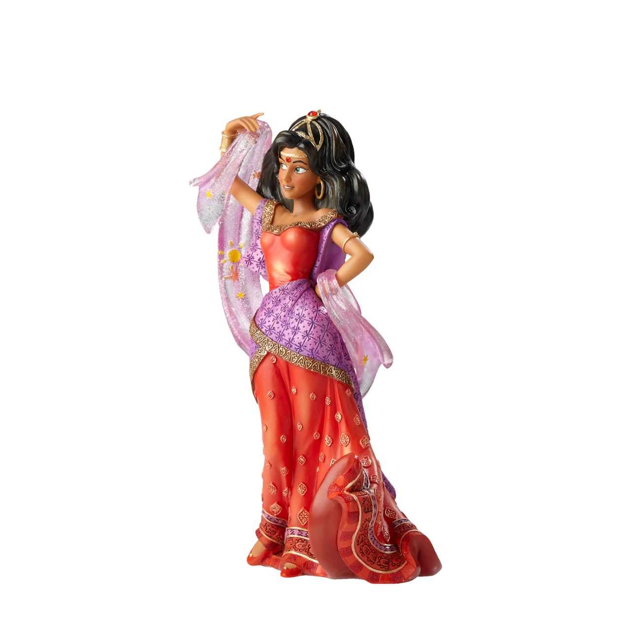 Making her debut into Disney Showcase is the finest girl in France, Esmeralda from the classic film Hunchback of Notre Dame. This stunning twentieth anniversary cast stone figurine depicts Esmeralda in her red dress and shimmering star scarf; the fluidity and movement of the fabrics have been perfectly captured.