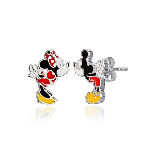 Peers Hardy Disney Mickey and Minnie Mouse Mismatched Stud Earrings  This classic adorable pair has a unique mismatched quality of Mickey and Minnie Mouse Kissing, one in Mickeys shape one in Minnies shape leaning into a kiss and giving a playful twist to this classic accessory.  Trendy and fashionable design, the Disney Mickey & Minnie Mouse kissing famous pose Sterling Silver Stud Earrings add a chic, fun touch to any outfit.