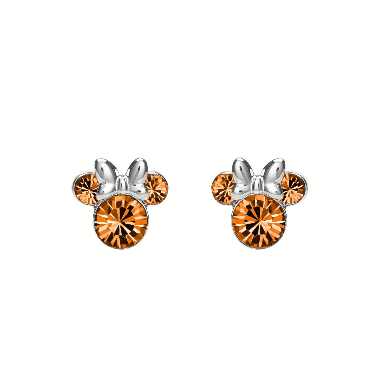 Disney Minnie Silver Birthstone Earrings Orange CZ  Elevate any outfit with these Disney Minnie Silver Birthstone Earrings featuring a vibrant orange CZ stone. Showcasing the iconic Minnie Mouse silhouette, these earrings add a touch of whimsy and a pop of color to your jewelry collection. Crafted with high-quality materials, they guarantee durability and style for any occasion.