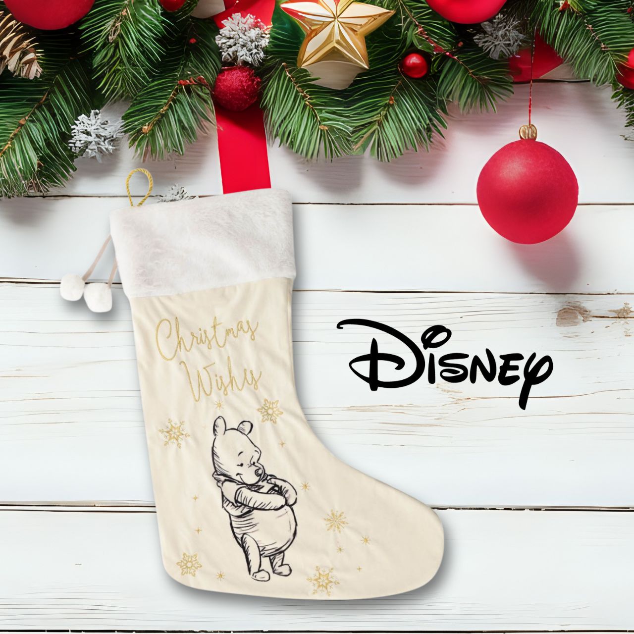 Give Santa the perfect place to leave those gifts with this beautiful white velveteen Winnie The Pooh stocking with gold embroidery. From Disney Classic Collectables - luxurious collectable gifts for the enduring Disney fan.