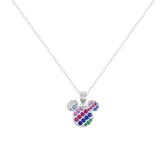 This Disney Sterling Silver Diagonal Nano Rainbow Pave Mickey Mouse 18" Necklace features a dazzling, colourful design that sparkles in the light. Made from high-quality sterling silver, this necklace is sure to add a touch of magic to any outfit. Perfect for Disney fans of all ages.