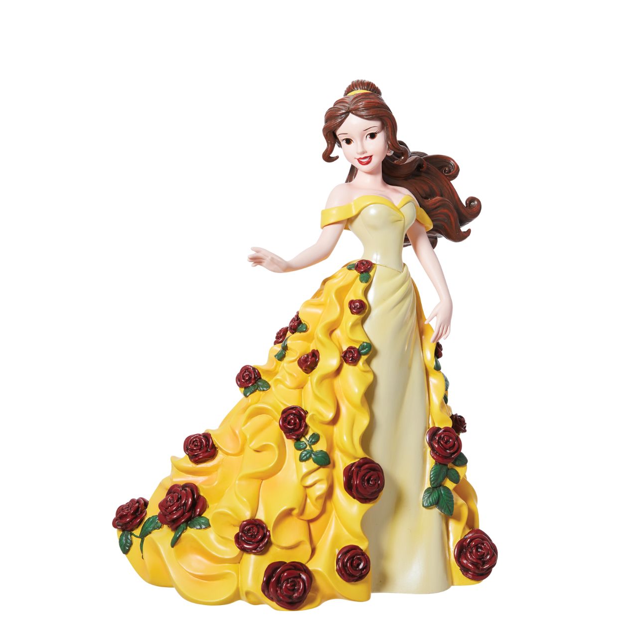 The beautiful princess Belle like you have never seen her before. In her iconic yellow ball gown with sculpted 3D roses that float down her dress magically. Her dress is finished in an iridescent finish to create a realistic version of her dress.