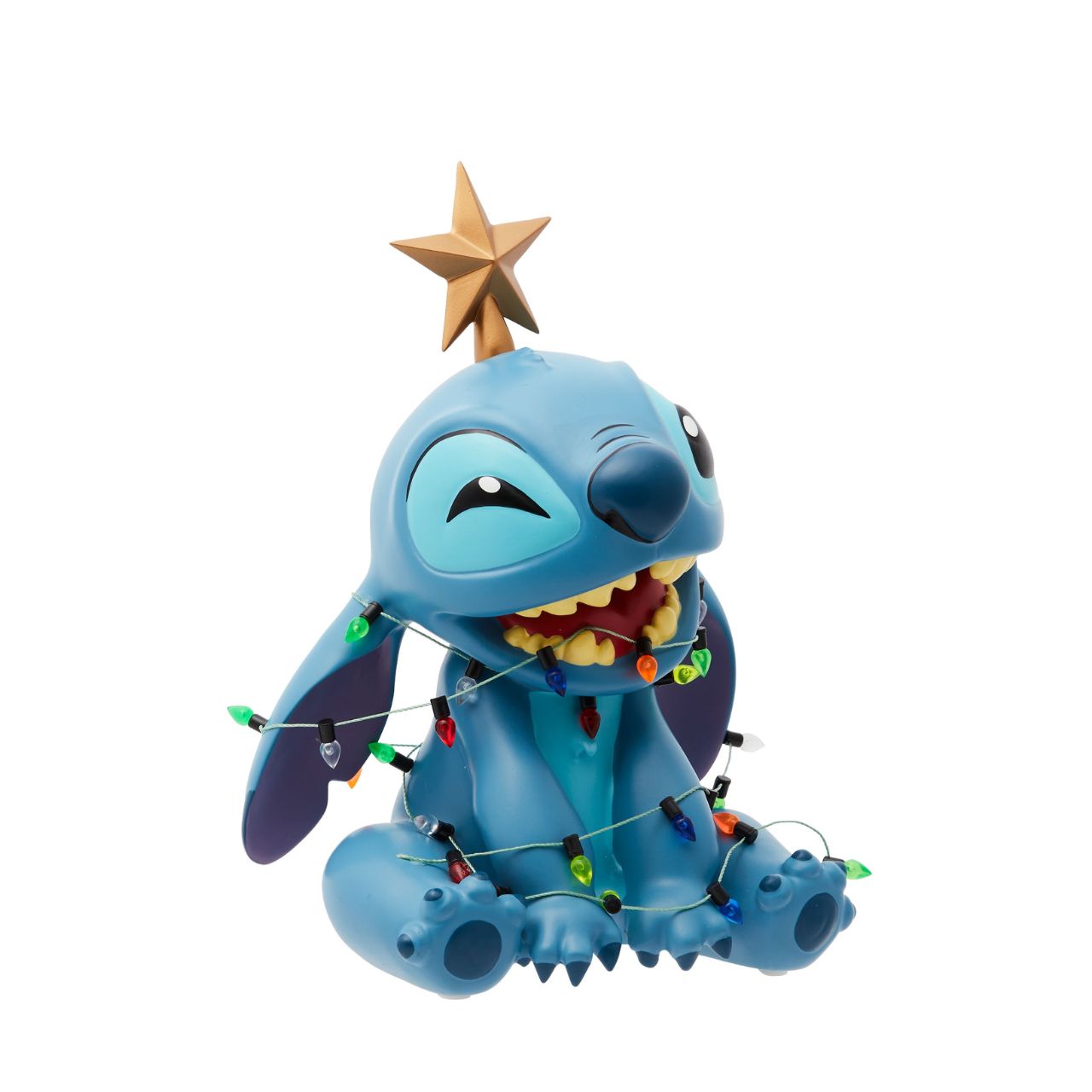 The Christmas Stitch Figurine by Disney Showcase is a fantastic gift for lovers of Disney. Standing 19cm tall with a star on top of his head and a string of Christmas lights around his body, this Stitch figurine is a delightful display piece that will be admired by all those who see it. 