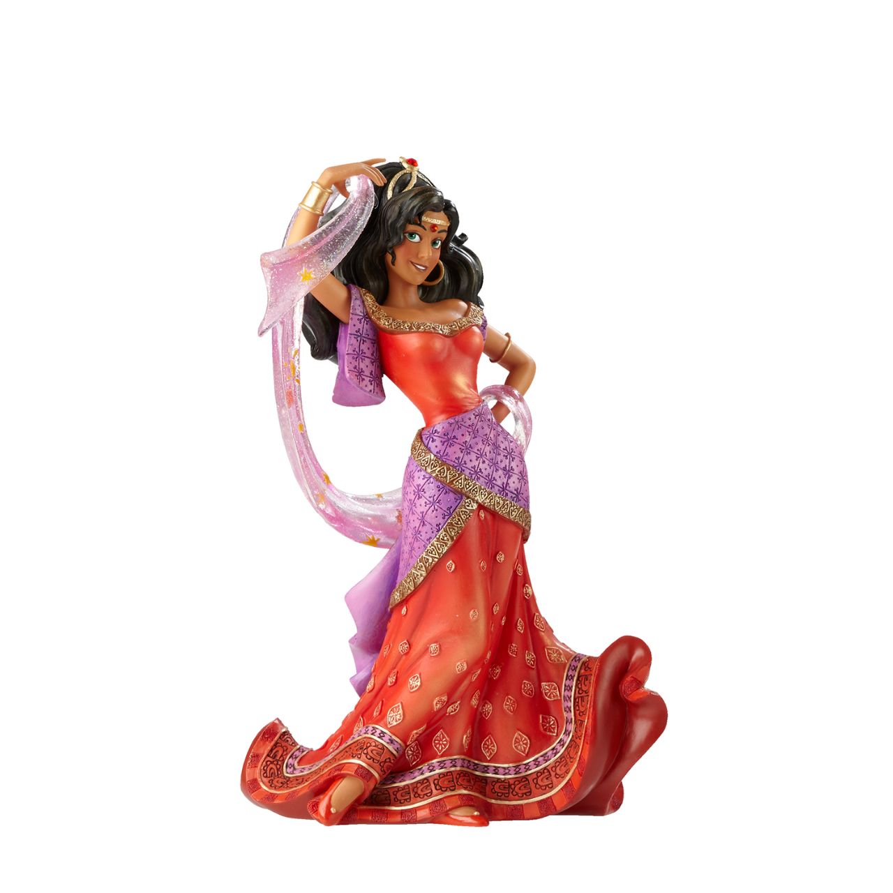 Making her debut into Disney Showcase is the finest girl in France, Esmeralda from the classic film Hunchback of Notre Dame. This stunning twentieth anniversary cast stone figurine depicts Esmeralda in her red dress and shimmering star scarf; the fluidity and movement of the fabrics have been perfectly captured.