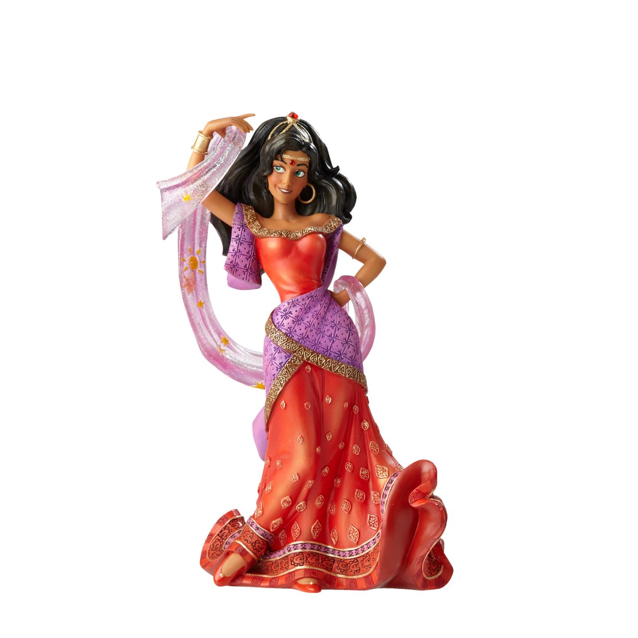 Making her debut into Disney Showcase is the finest girl in France, Esmeralda from the classic film Hunchback of Notre Dame. This stunning twentieth anniversary cast stone figurine depicts Esmeralda in her red dress and shimmering star scarf; the fluidity and movement of the fabrics have been perfectly captured.