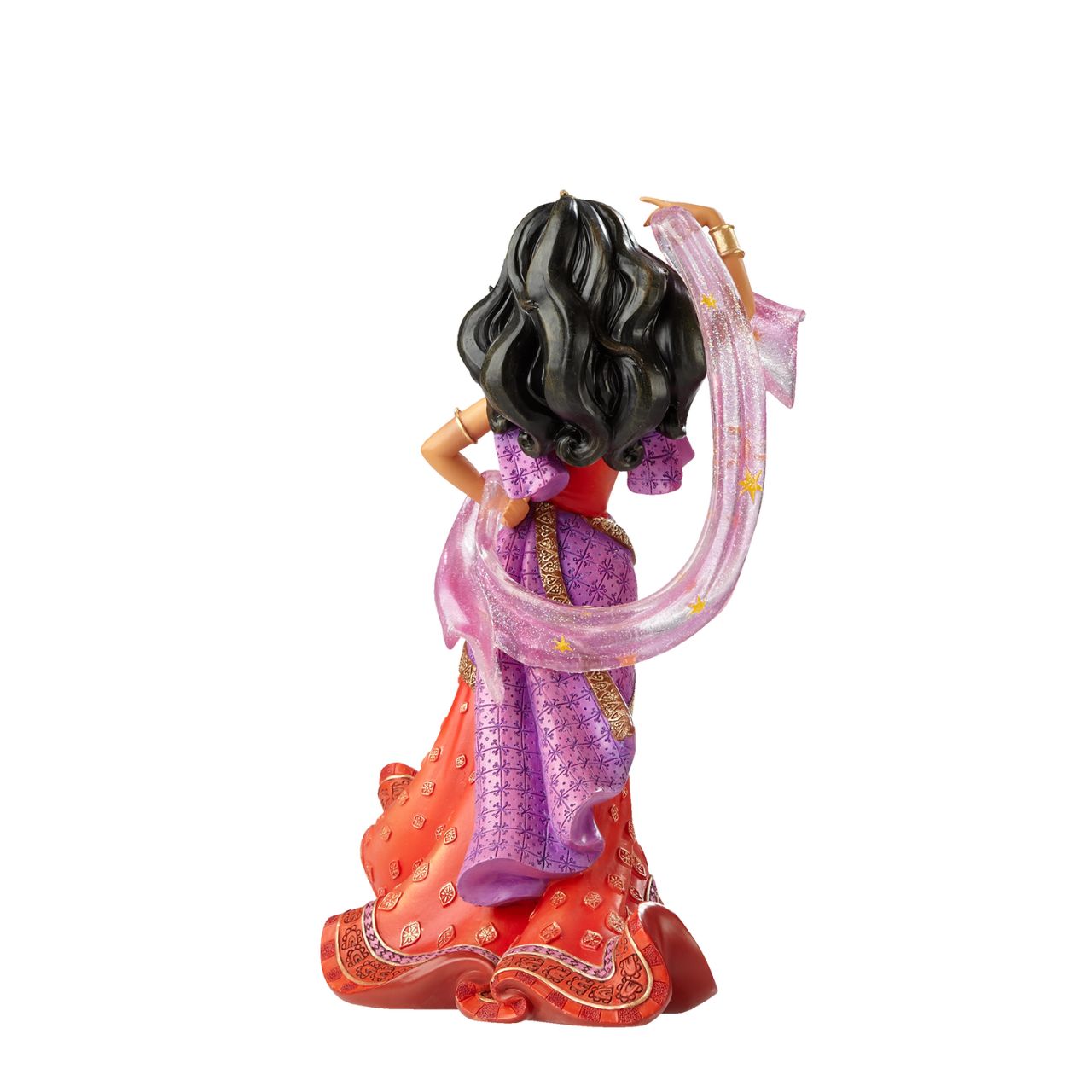 Making her debut into Disney Showcase is the finest girl in France, Esmeralda from the classic film Hunchback of Notre Dame. This stunning twentieth anniversary cast stone figurine depicts Esmeralda in her red dress and shimmering star scarf; the fluidity and movement of the fabrics have been perfectly captured.