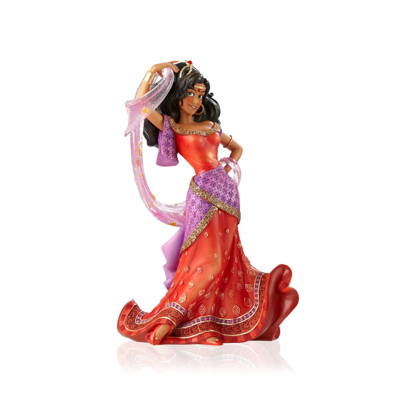 Making her debut into Disney Showcase is the finest girl in France, Esmeralda from the classic film Hunchback of Notre Dame. This stunning twentieth anniversary cast stone figurine depicts Esmeralda in her red dress and shimmering star scarf; the fluidity and movement of the fabrics have been perfectly captured.