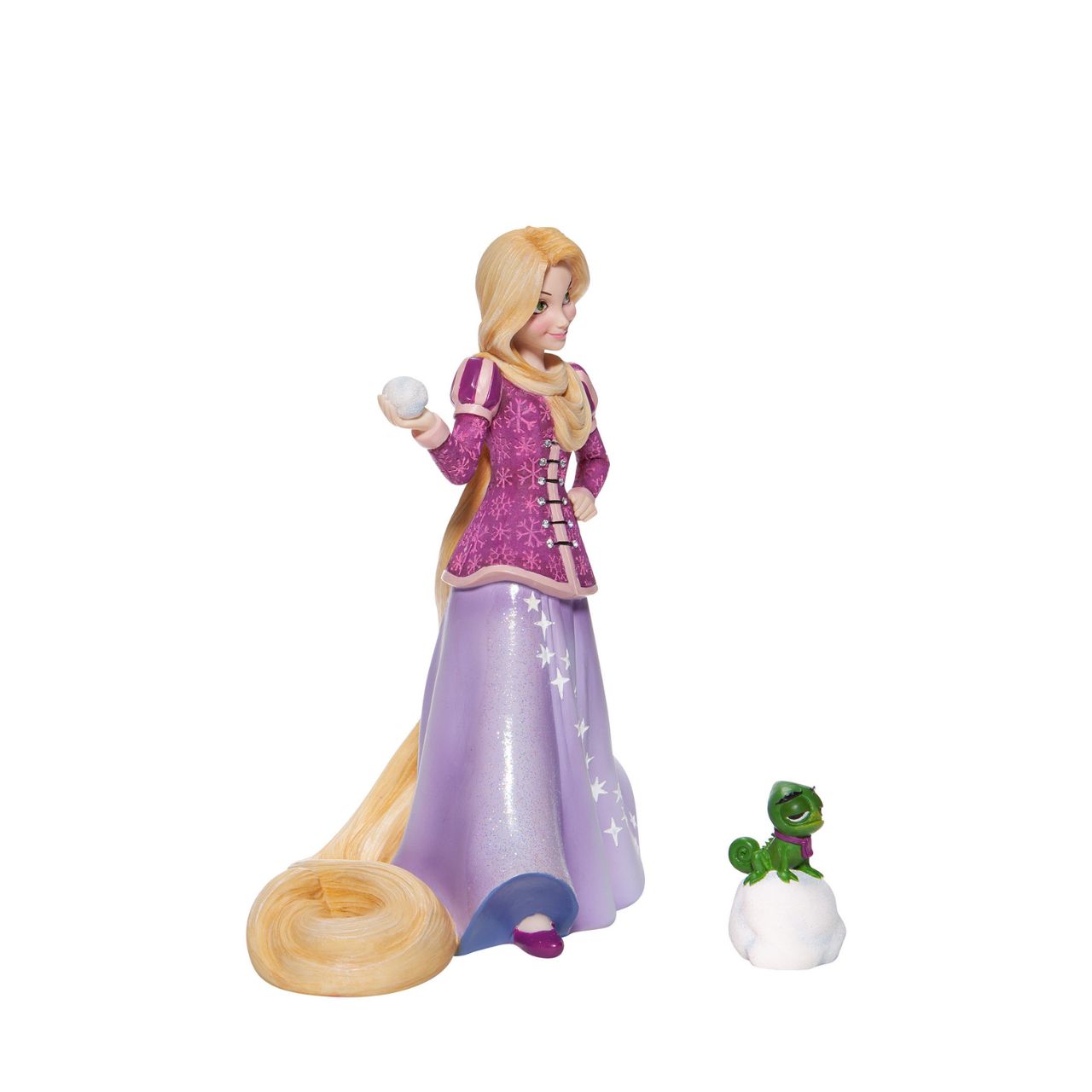 The 5th in the Disney Showcase Collection Holiday Princess series, Rapunzel swaps her weapon of choice, the cast iron pan, for a snowball and is ready for a fight. This two piece set comes with her sidekick Pascal. 