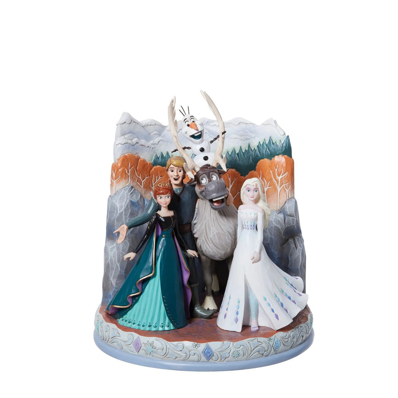 A beautiful piece from the award winning artist Jim Shore. This carved by heart has been hand crafted and hand painted in Jim's unique style and features the firm friends, Elsa, Anna, Olaf, Kristoff and Sven from Frozen 2. Comes packaged in fully branded gift box with photo.